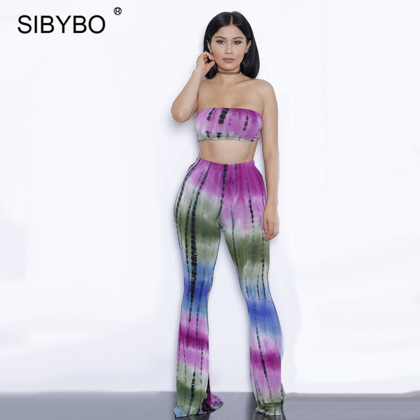 Sibybo Printed Rompers Womens Two Piece Bodycon Jumpsuits 2020 Summer Long Pants Wide Legs Club Wear Bodysuit Women Jumpsuit