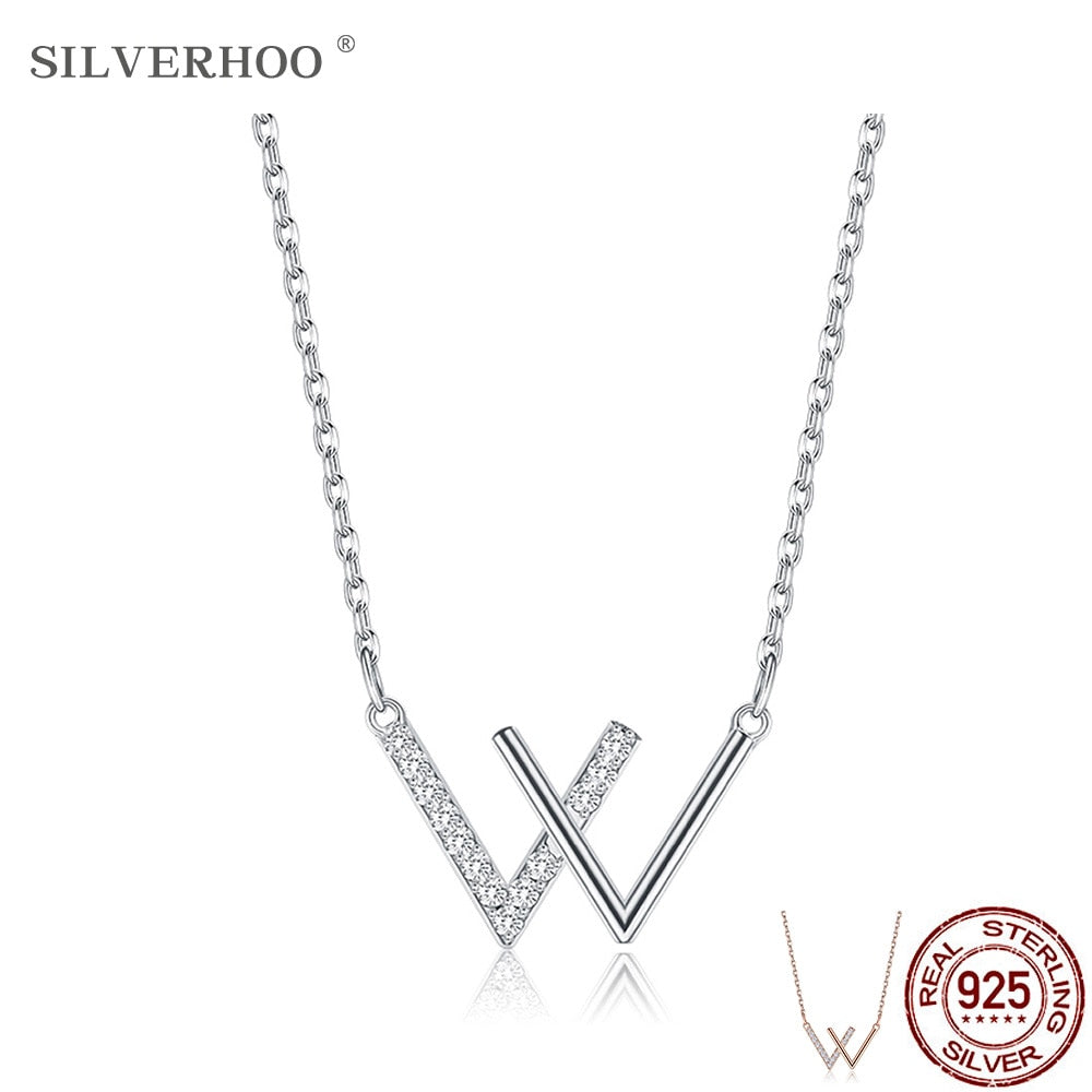 SILVERHOO S925 Sterling Silver W Word Elegant Pendant Necklace For Women Excellent Zircon Chains Anniversary Gift Fine Jewelry