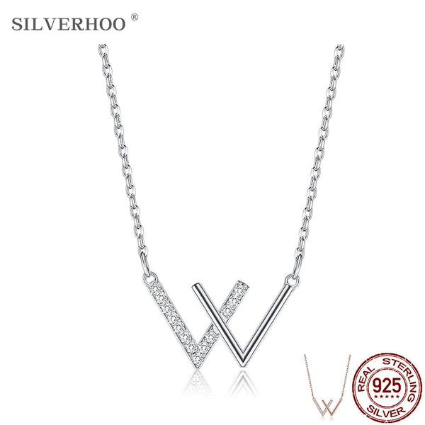 SILVERHOO S925 Sterling Silver W Word Elegant Pendant Necklace For Women Excellent Zircon Chains Anniversary Gift Fine Jewelry