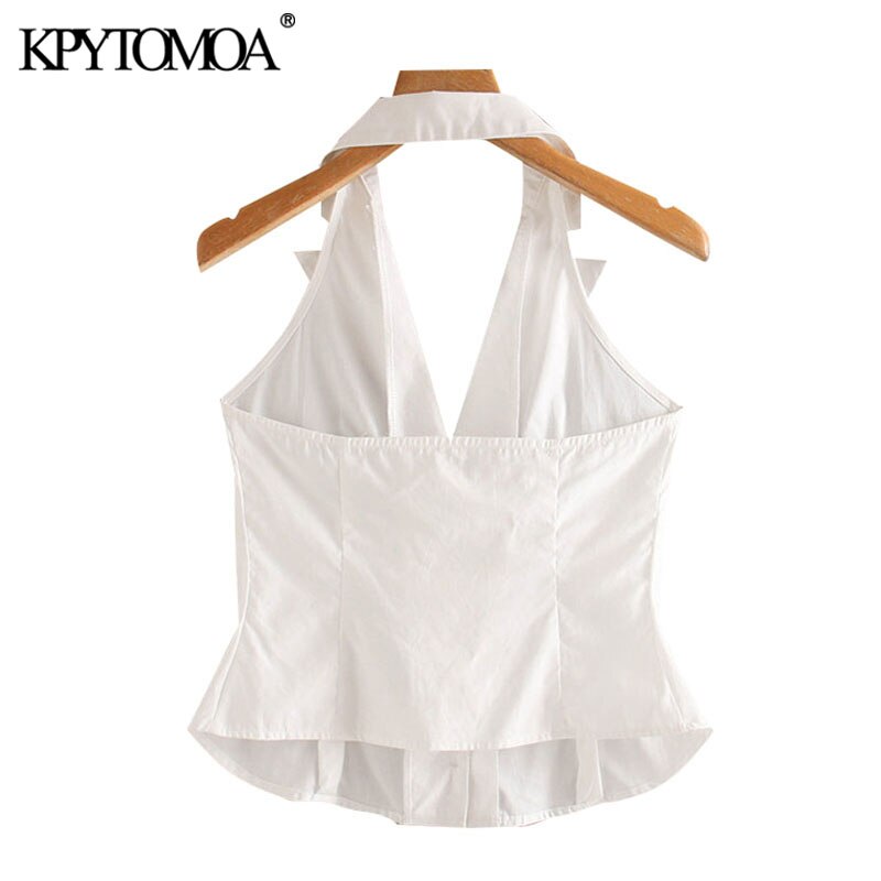 KPYTOMOA Women 2020 Chic Fashion Button-up Cropped Blouses Vintage Notched Collar Backless Female Shirts Blusas Chic Tops