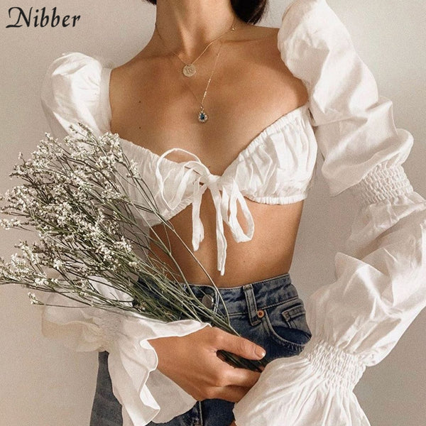 Nibber French Romantic Elegant Crop Tops For Women Sweet T-shirts Summer Street Casual Wear Female White Full Sleeve Tee 2021Top