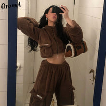 OrangeA Women Fleece Winter Two Piece Set Zipper Crop Top Pocket Asymmetry Straight Y2K Pants Matching Soft Casual Streetwear