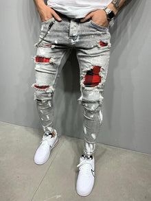 New Men's Quilted Embroidered jeans Skinny Jeans Ripped Grid Stretch Denim Pants MAN Patchwork Jogging Denim Trousers S-3XL