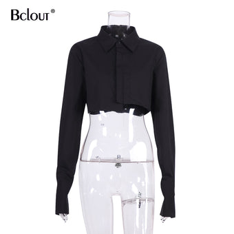 Bclout Casual Crop Top Women Blouses Fashion Turn Down Collar White Shirt Flare Sleeve Blouse Female Autumn Sexy Ladies Tops