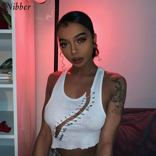 Nibber Sexy Brooches Button Hollow out Sleeveless Crop Top Women summer club skinny tanks top fashion Casual Streetwear mujer