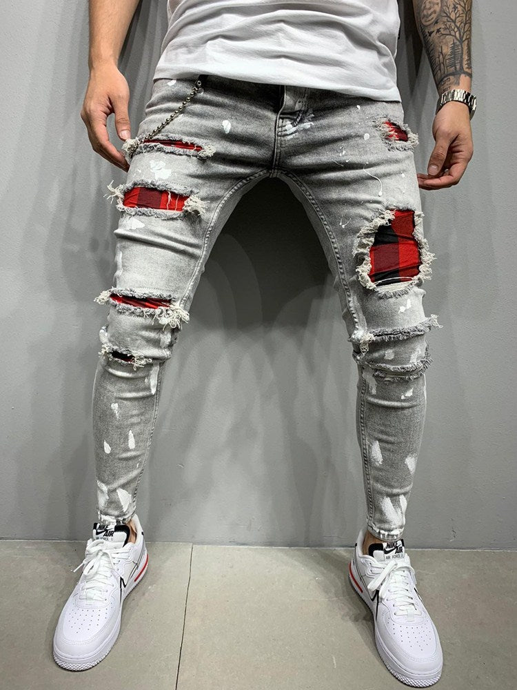 New Men's Quilted Embroidered jeans Skinny Jeans Ripped Grid Stretch Denim Pants MAN Patchwork Jogging Denim Trousers S-3XL