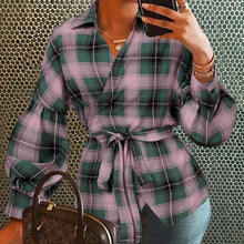 Women Tops and Blouses Celmia Autumn Lantern Sleeve Tunic Shirts Casual Loose V-Neck Ladies Blusas femininas Belted Plus Size