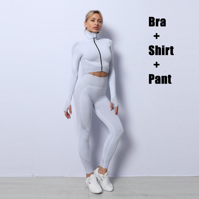 Womens Sportwear Yoga Set 2/3pcs Workout Clothes for Women Leggings Set with Zipper Exercise Bra Top Long Shirt Fitness Clothing