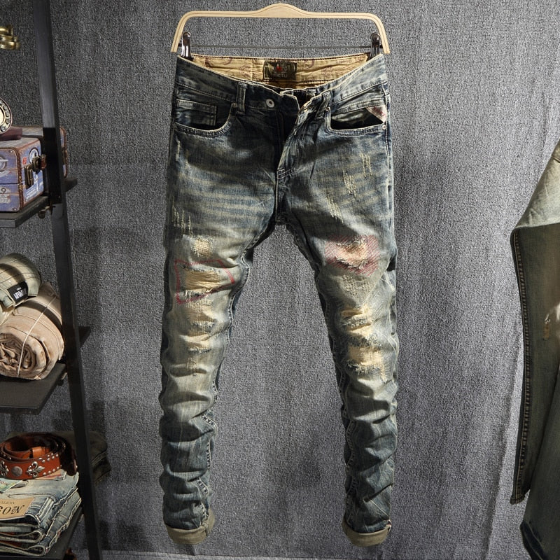 Italian Style Fashion Men Jeans Retro Washed Slim Fit Destroyed Ripped Jeans Men Denim Pants Streetwear Hip Hop Jeans Homme