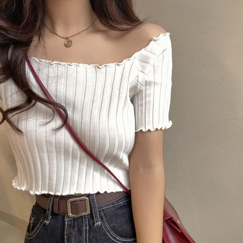 HELIAR Women T-shirts Off Shoulder Knitting Crop Tops Women Short Sleeve Stretchy Ruffles Hem T-shirts Stripes Tops For Women