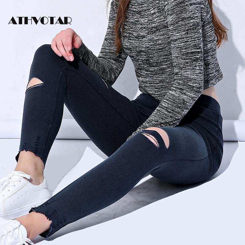 ATHVOTAR Plus Size M-5XL Hole Ripped Jeans Women Jeggings Cool Denim High Waist Skinny Jeans Pants Pencil Trousers Black