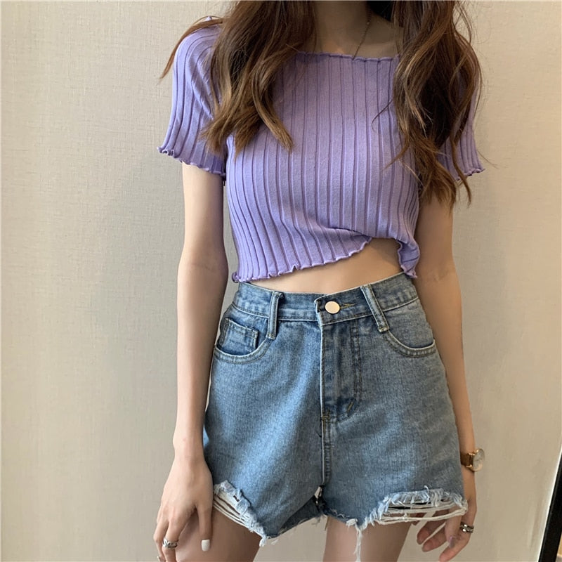 HELIAR Women T-shirts Off Shoulder Knitting Crop Tops Women Short Sleeve Stretchy Ruffles Hem T-shirts Stripes Tops For Women