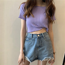 HELIAR Women T-shirts Off Shoulder Knitting Crop Tops Women Short Sleeve Stretchy Ruffles Hem T-shirts Stripes Tops For Women