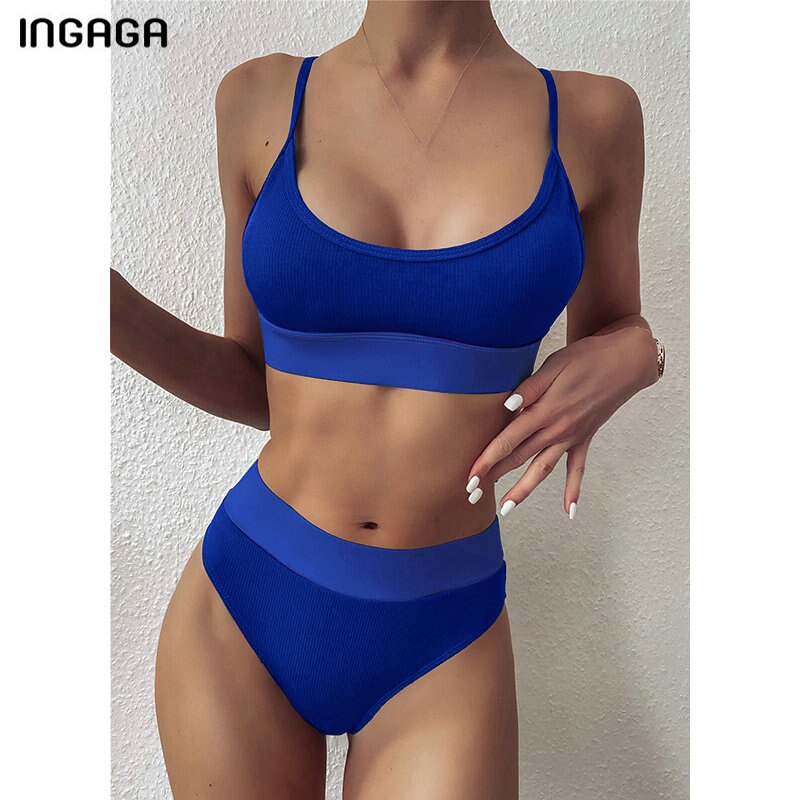 INGAGA High Waist Bikinis 2021 Swimwear Women Push Up Swimsuits Solid Brazilian Bikini Ribbed Biquini Strap Swim Bathing Suits