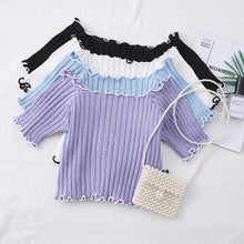 HELIAR Women T-shirts Off Shoulder Knitting Crop Tops Women Short Sleeve Stretchy Ruffles Hem T-shirts Stripes Tops For Women