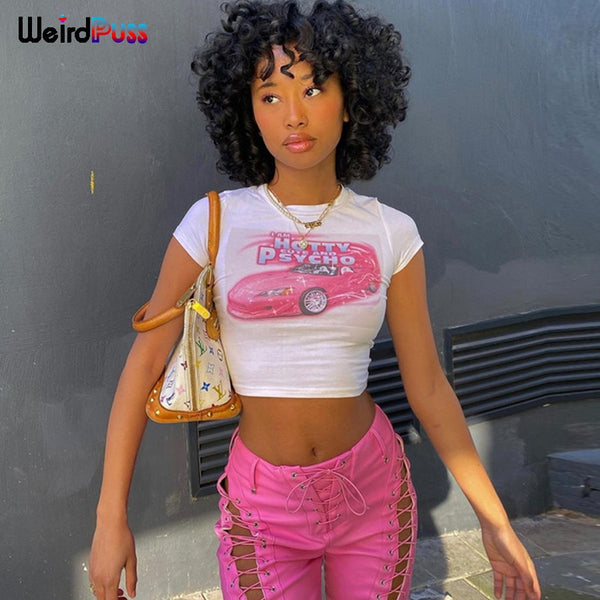 Weird Puss Y2K Summer Skinny Women Graphic T Shirts Navel Trend Print O-Neck Stretchy Short Sleeve Crop Top Streetwear Slim Tees