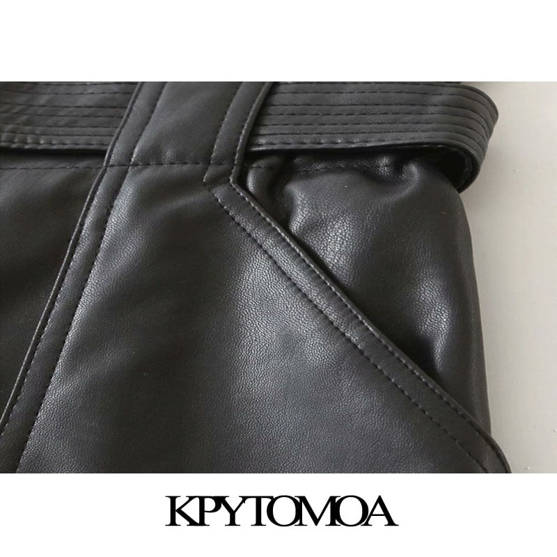 KPYTOMOA Women 2020 Chic Fashion With Belt Faux Leather Shorts Vintage High Waist Zipper Fly Pockets Female Short Pants Mujer