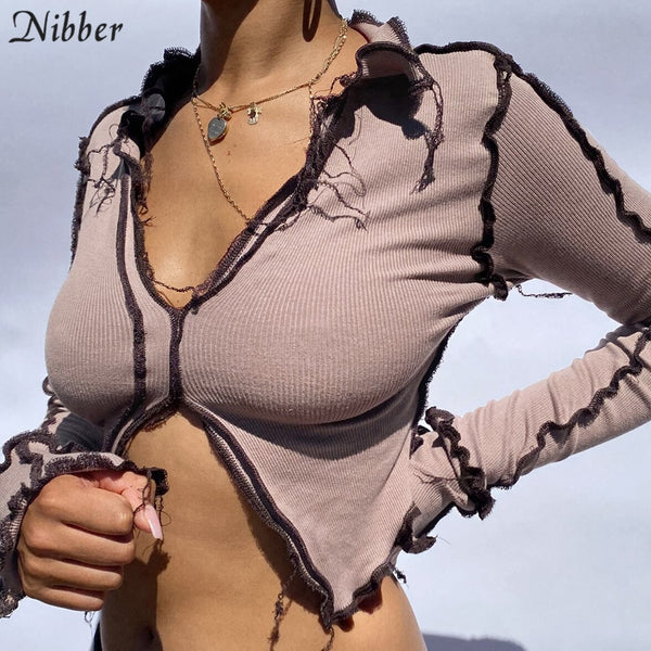 Nibber Autumn Patchwork Broken Design Mesh Crop Top For Women Sexy Punk Style Long Sleeve T-shirt Street Casual Wear Tees Female