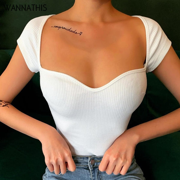 WannaThis Shirt Crop Top Women White Cotton Short Sleeve Slim V-Neck Elastic Casual Elegant Summer New Short Shirt Cropped Top