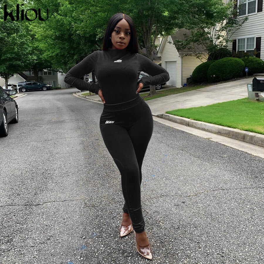 Kliou letter print fitness sporty long sleeve bodysuits+leggings stretchy two piece outfits activewear streetwear skinny outfit