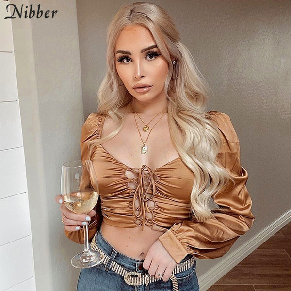 Nibber Fashionable Elegant Club Party Wear Crop Tops For Women T-Shirts Autumn Winter Hollow Out Long Sleeve Tee shirts Female