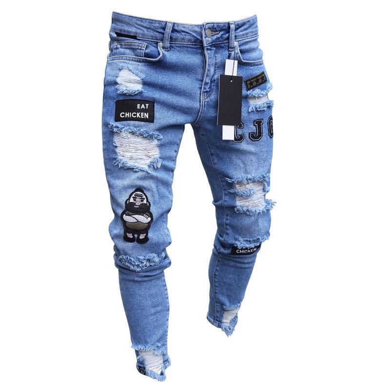 New Men's Quilted Embroidered jeans Skinny Jeans Ripped Grid Stretch Denim Pants MAN Patchwork Jogging Denim Trousers S-3XL