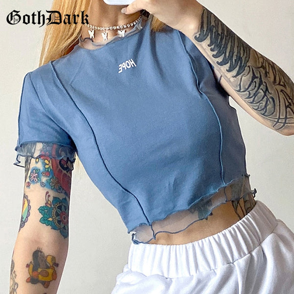 Goth Dark Gothic Hope T-shirts Black Or Blue Ruffles Hem O-neck Bodycon Casaul Women Summer Wear Letter Print Front Crop Tops