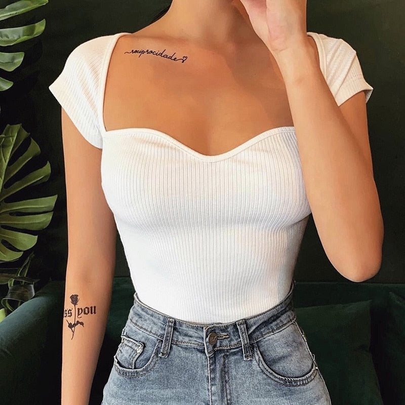 WannaThis Shirt Crop Top Women White Cotton Short Sleeve Slim V-Neck Elastic Casual Elegant Summer New Short Shirt Cropped Top