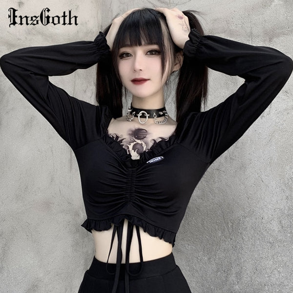 InsGoth Bandage Bodycon Long Sleeve Crop Tops Female Black V-neck Streetwear Punk Slim Tops Autumn Gothic Harajuku Top