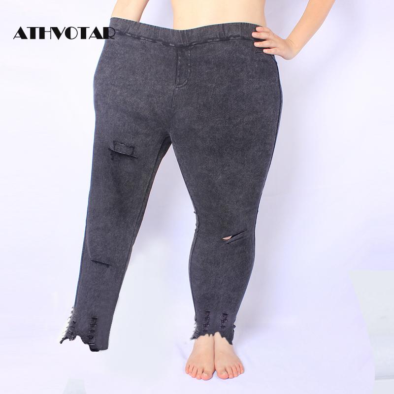 ATHVOTAR Plus Size M-5XL Hole Ripped Jeans Women Jeggings Cool Denim High Waist Skinny Jeans Pants Pencil Trousers Black