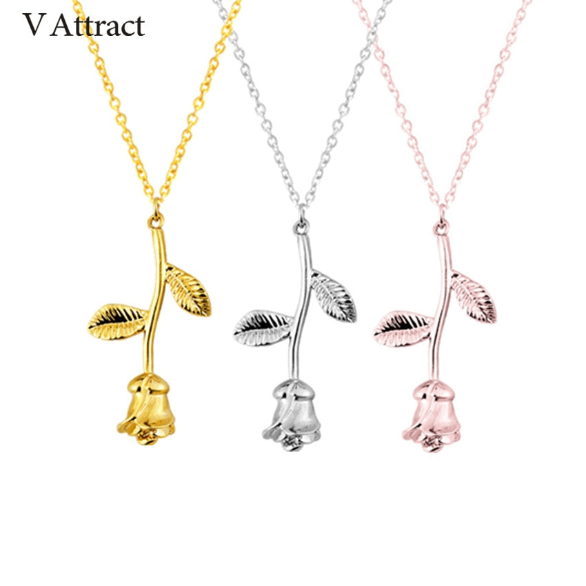 V Attract Collier Femme Stainless Steel Long Chain Collier Pink Rose Flower Statement Necklace Women Jewelry Maxi Choker