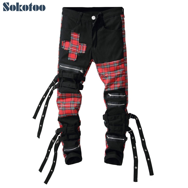 Sokotoo Men's Scotland plaid patchwork cross slim straight jeans Trendy bandage denim pants