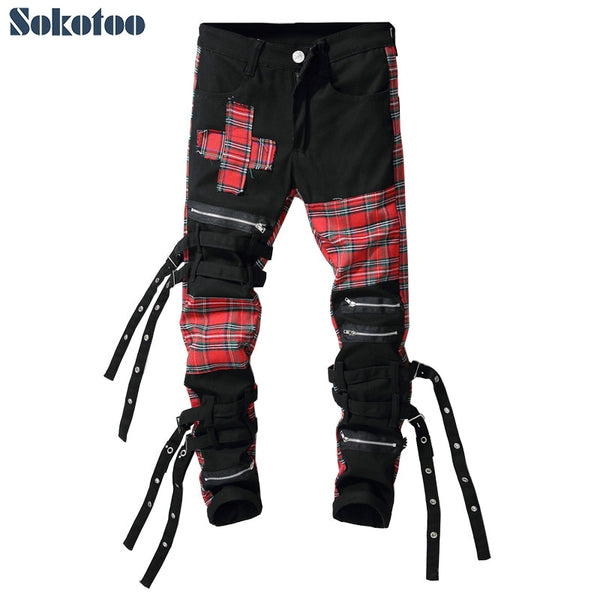 Sokotoo Men's Scotland plaid patchwork cross slim straight jeans Trendy bandage denim pants