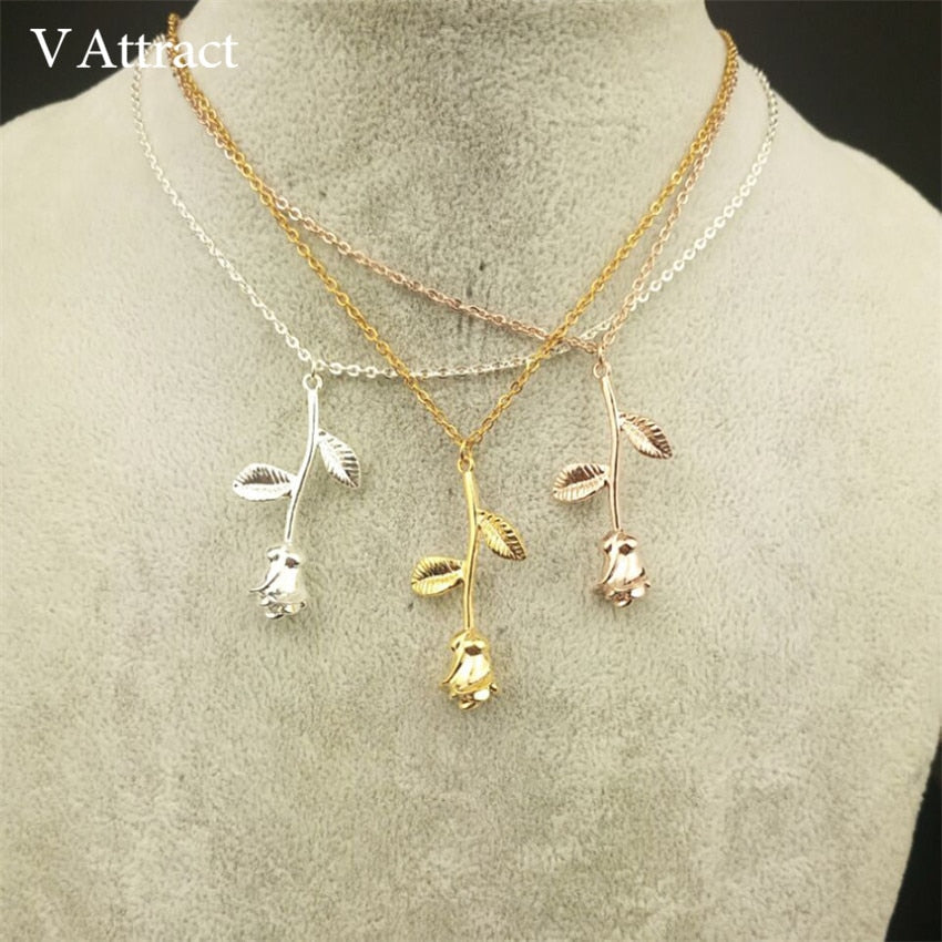 V Attract Collier Femme Stainless Steel Long Chain Collier Pink Rose Flower Statement Necklace Women Jewelry Maxi Choker