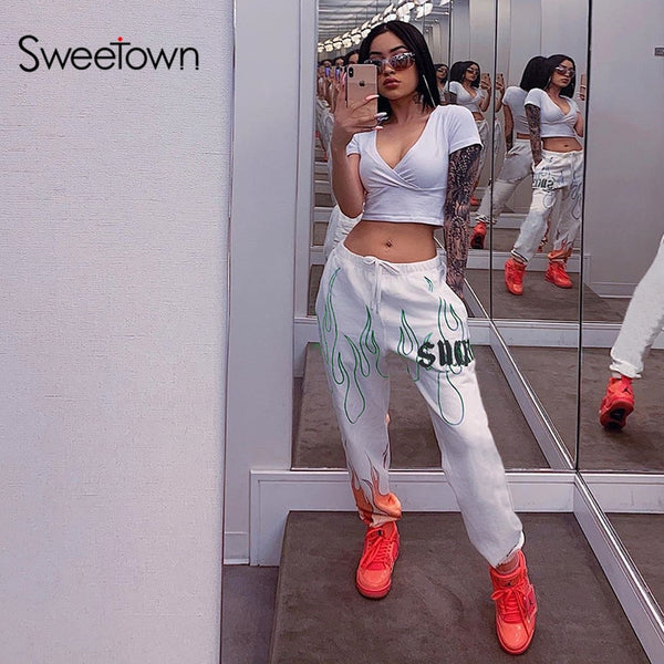 Sweetown Flaming Fire Printed Streetwear Jogger Pants Women Casual Elastic High Waist Sweatpants Hip Hop Baggy Running Trousers