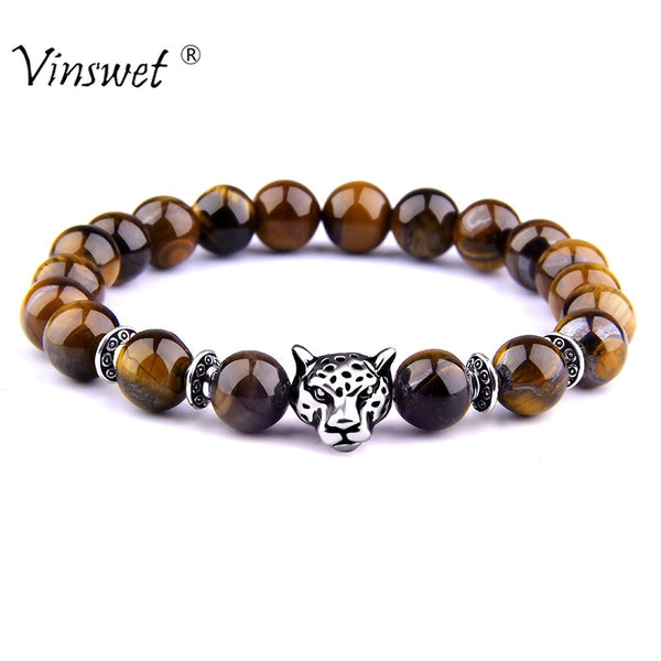 Silver Color Leopard Head Men Bracelet Natural Healing Energy Tiger Eye Stone Beads Bracelets Women Jewelry Friendship Pulseras