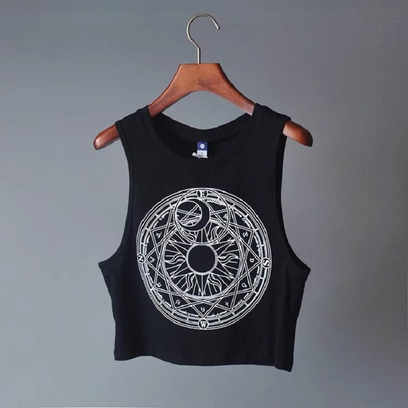 New Womens Tanks Loose Gothic Symbols Moon Sun Printing Crop Top Cropped Top Sleeveless Camis Tank Top