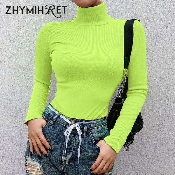 ZHYMIHRET 2021 Spring Ribbed Turtleneck TShirt Women Fluorescence Long Sleeve T-shirt Knitted Tops Camiseta Mujer Streetwear