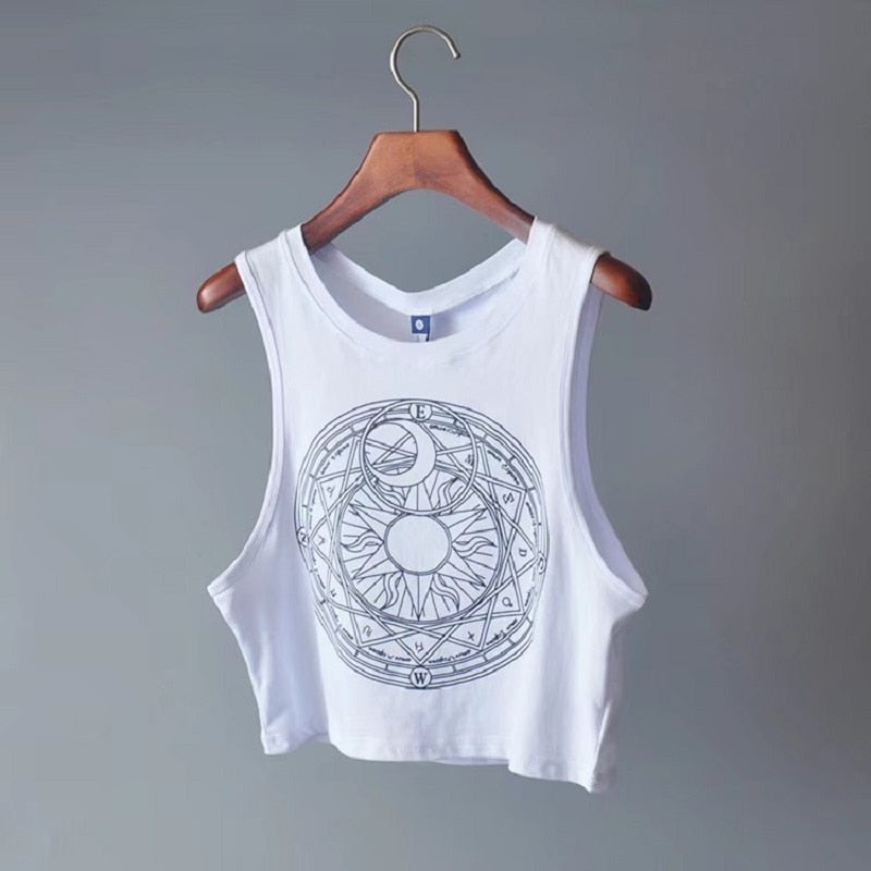 New Womens Tanks Loose Gothic Symbols Moon Sun Printing Crop Top Cropped Top Sleeveless Camis Tank Top