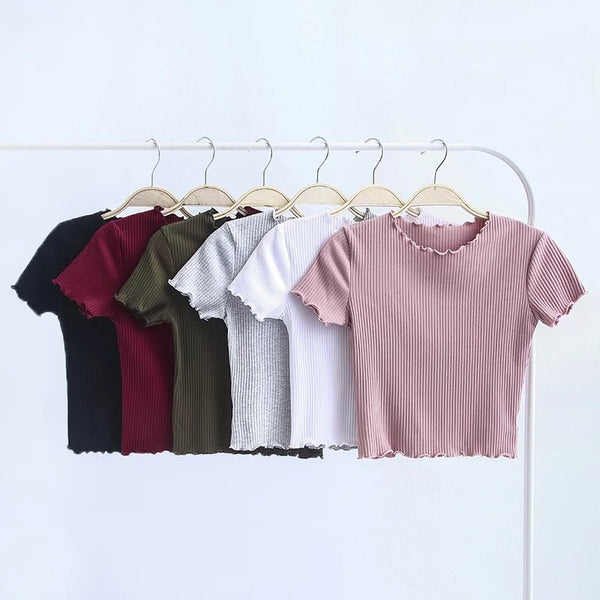 Vintage Wood ears O neck Short sleeve T-shirt 2021 New Woman Slim Fit t shirt tight tee Summer Retro Tops 6 colors