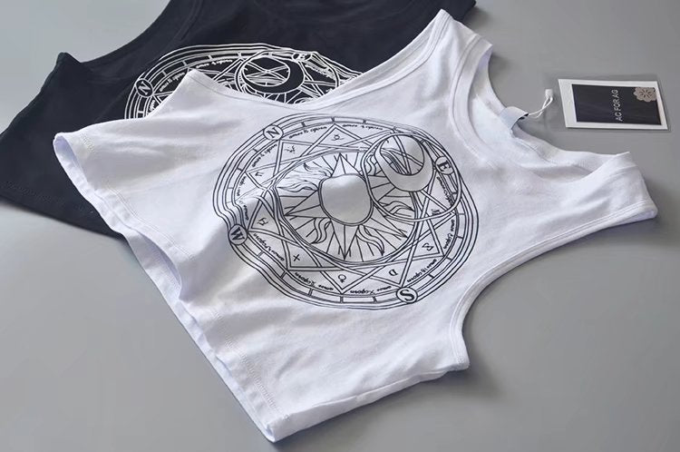 New Womens Tanks Loose Gothic Symbols Moon Sun Printing Crop Top Cropped Top Sleeveless Camis Tank Top