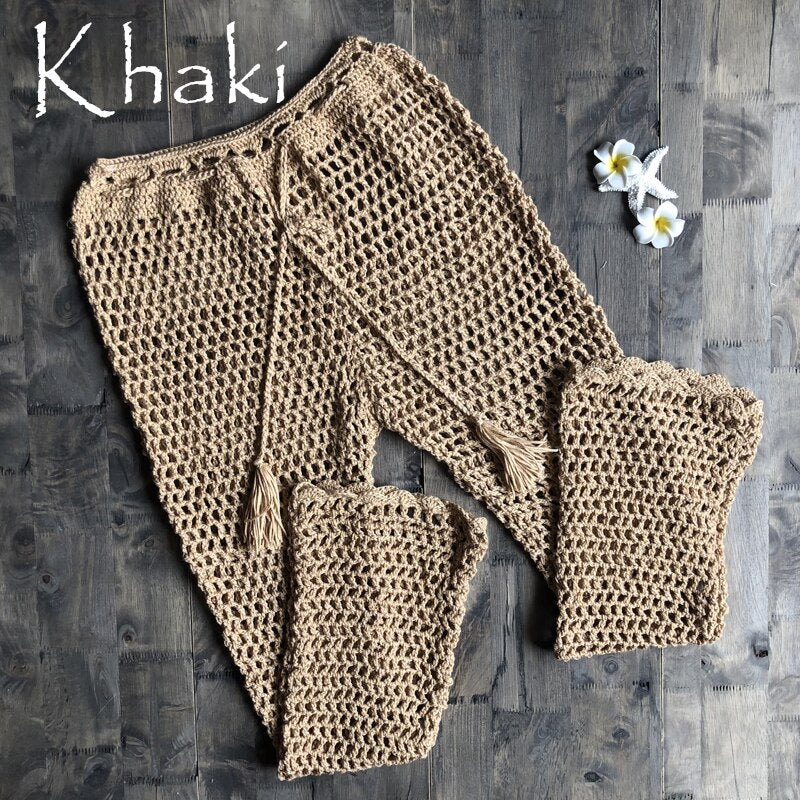 Ins Explosion Beach Handmade Crochet Hollow Out Bandage Elastic Waist Shell Pants Sunscreen Fishing Net Trouser