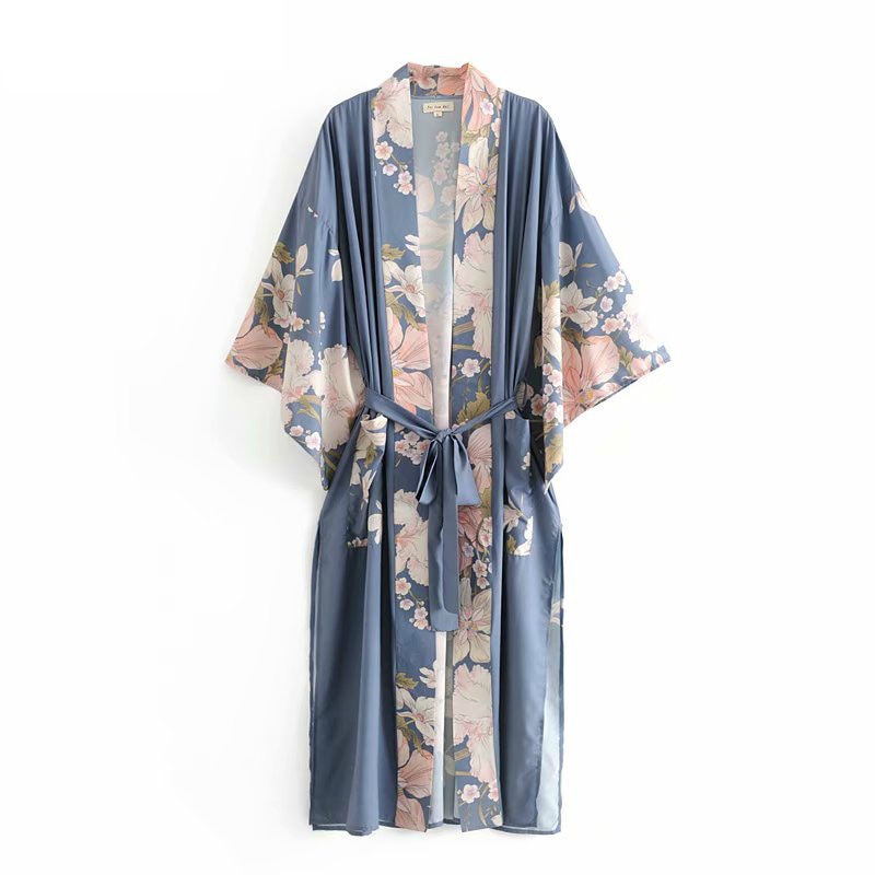 Boho Vintage Floral Print Sashes Women bohemian V Neck batwing Sleeves Ladies Blouses happie Maxi Kimono robe