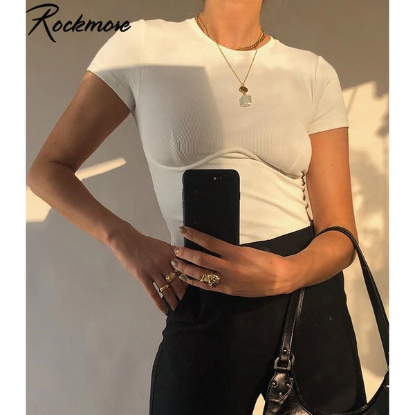 Rockmore Hot Sale White O-Neck Women Bodycon Tight T-shirt Short Sleeve Casual Fashion Female Tshirts Harajuku Streetwear Shirts