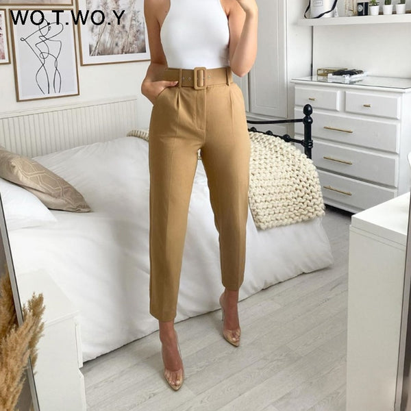 WOTWOY Elegant Formal High Waist Pants Women Skinny Office Lady Pencil Pants Women Pockets Sashes Ankle-Length Trousers Women