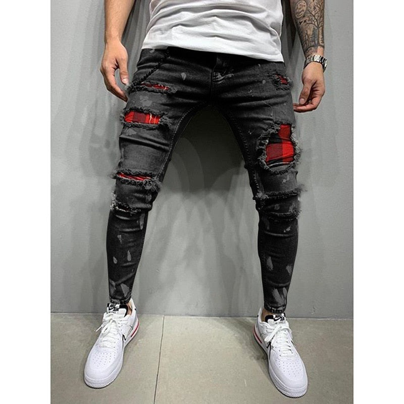 New Men's Quilted Embroidered jeans Skinny Jeans Ripped Grid Stretch Denim Pants MAN Patchwork Jogging Denim Trousers S-3XL