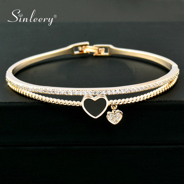 SINLEERY Romantic Black Heart Bangle Cuff For Women Gold Silver Color Crystal Heart Pendant Bracelets Women SL151 SSC