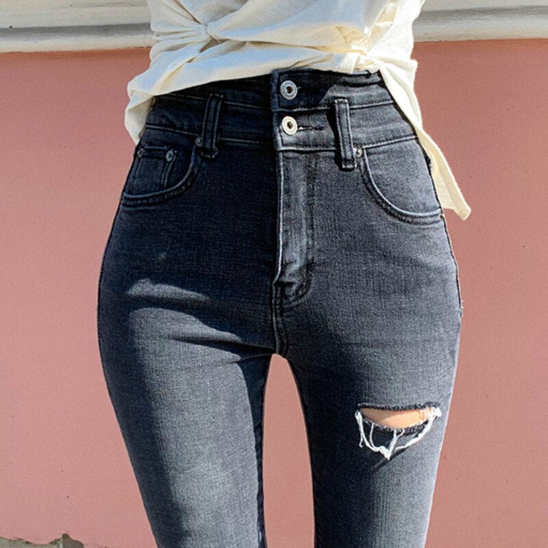 Mozuleva 2019 Winter Two Buttons Women Ripped Trousers High Waist Slim Pencil Jeans Female Denim Jeans Stretch Long Pants