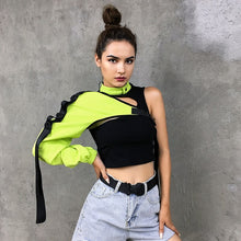 HEYounGIRL Neon Green One Shoulder Off Halter Top Harajuku Black Reflective Tshirt Women Hip Hop Street Wear Tee Shirt Femme