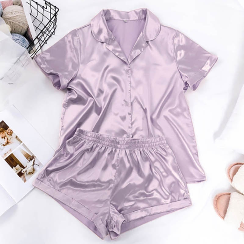 Women Sleepwear Summer Pajama Set Pink Turn Down Collar Faux Silk Satin Blue Short Sleeve Casual Female Pijama Home Wear Shorts